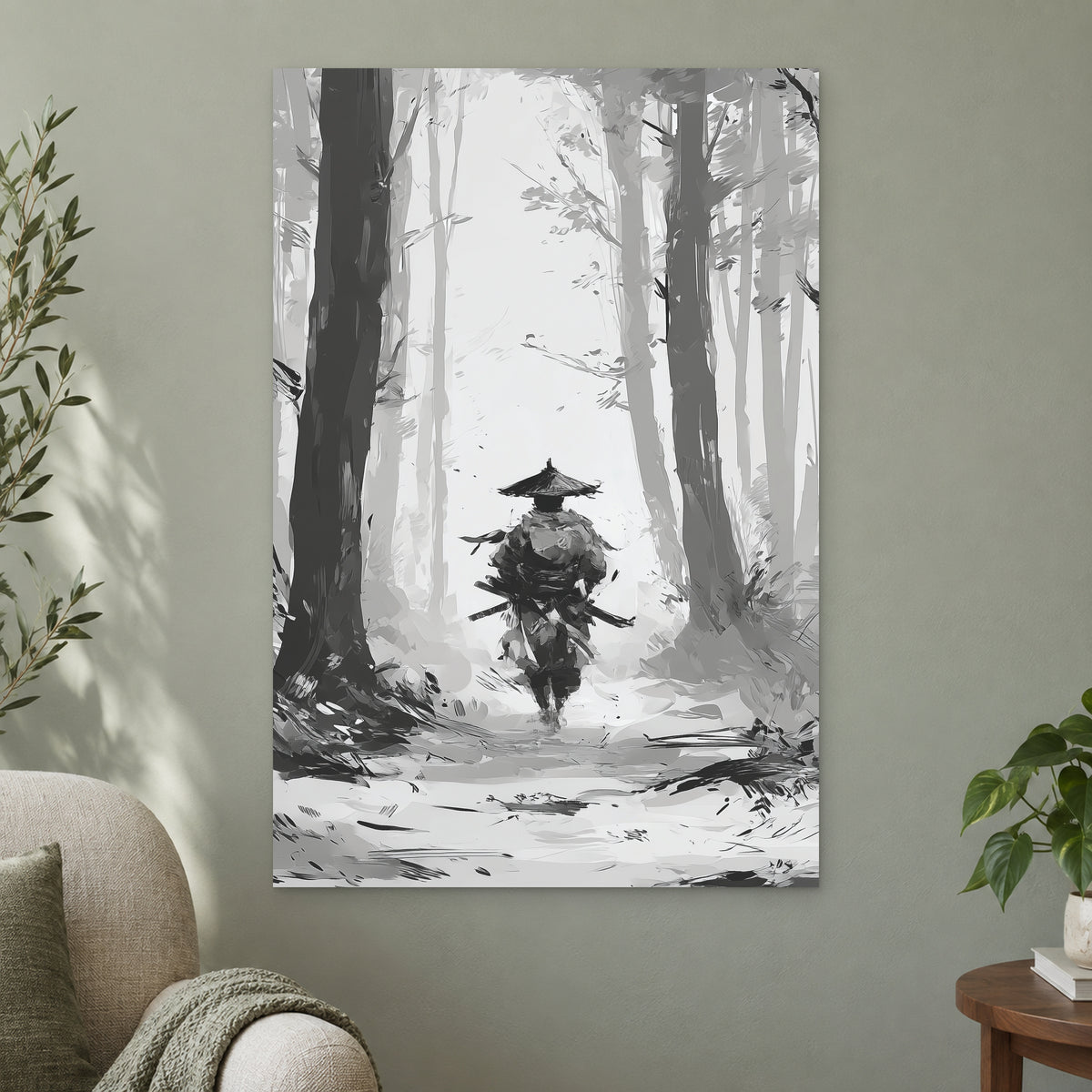 Samurai in the Snowy Woods canvas wall art on a sage green wall beside a cream armchair