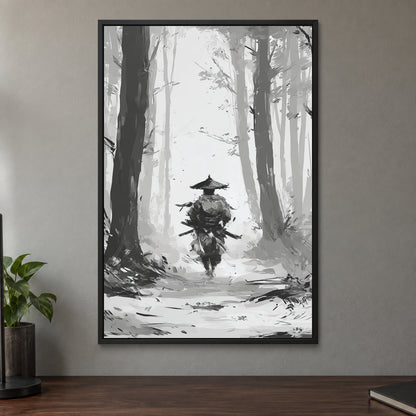 Samurai in the Snowy Woods framed canvas in a black floating frame on a taupe wall above a dark walnut sideboard with a potted plant