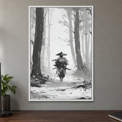 Samurai in the Snowy Woods framed canvas in a white floating frame on a taupe wall above a dark walnut sideboard with a potted plant