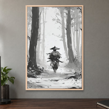 Samurai in the Snowy Woods framed canvas in a natural wood floating frame on a taupe wall above a dark walnut sideboard with a potted plant