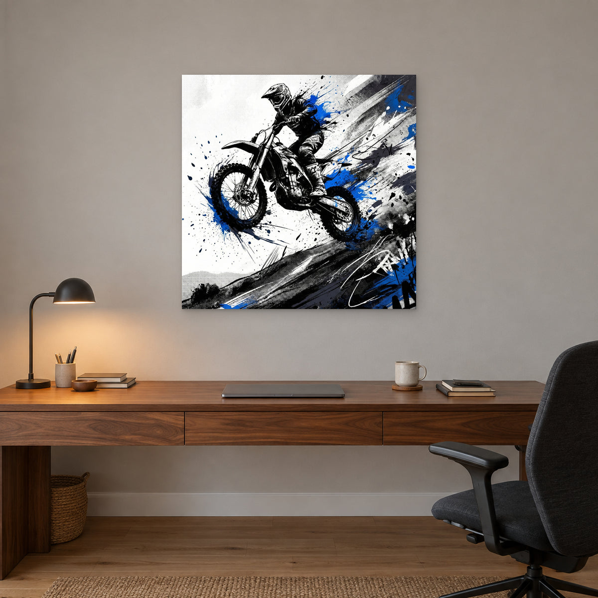 Motocross Airborne Ink canvas wall art above a walnut desk with a brass lamp in a home office