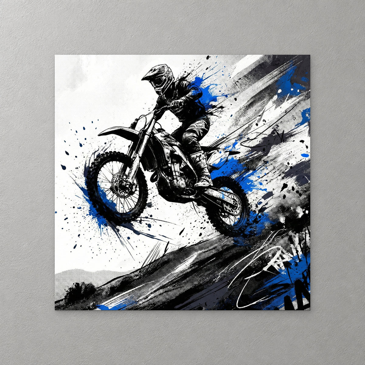 A motocross rider leaps into the air off a dark slope, drawn in black ink with splashes of cobalt blue and white spray — canvas wall art print