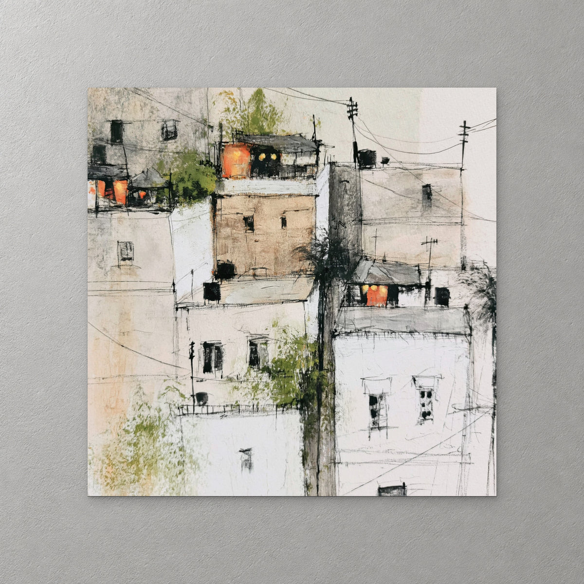 Stacked cream, sand and white houses with a few orange windows, tangled with overhead wires and green vines, drawn in loose ink — canvas wall art print