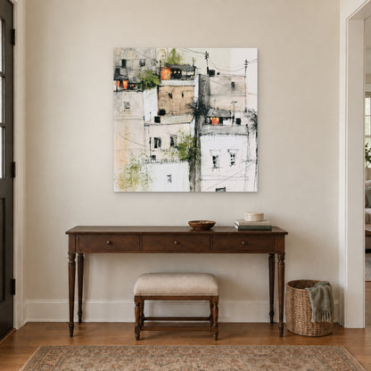 Wires Over a Hill Town canvas wall art above a dark wood console table and upholstered bench in an entryway
