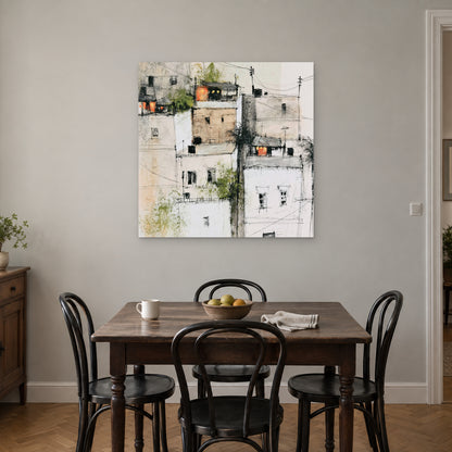 Wires Over a Hill Town canvas wall art above a small wooden dining table with black bentwood chairs