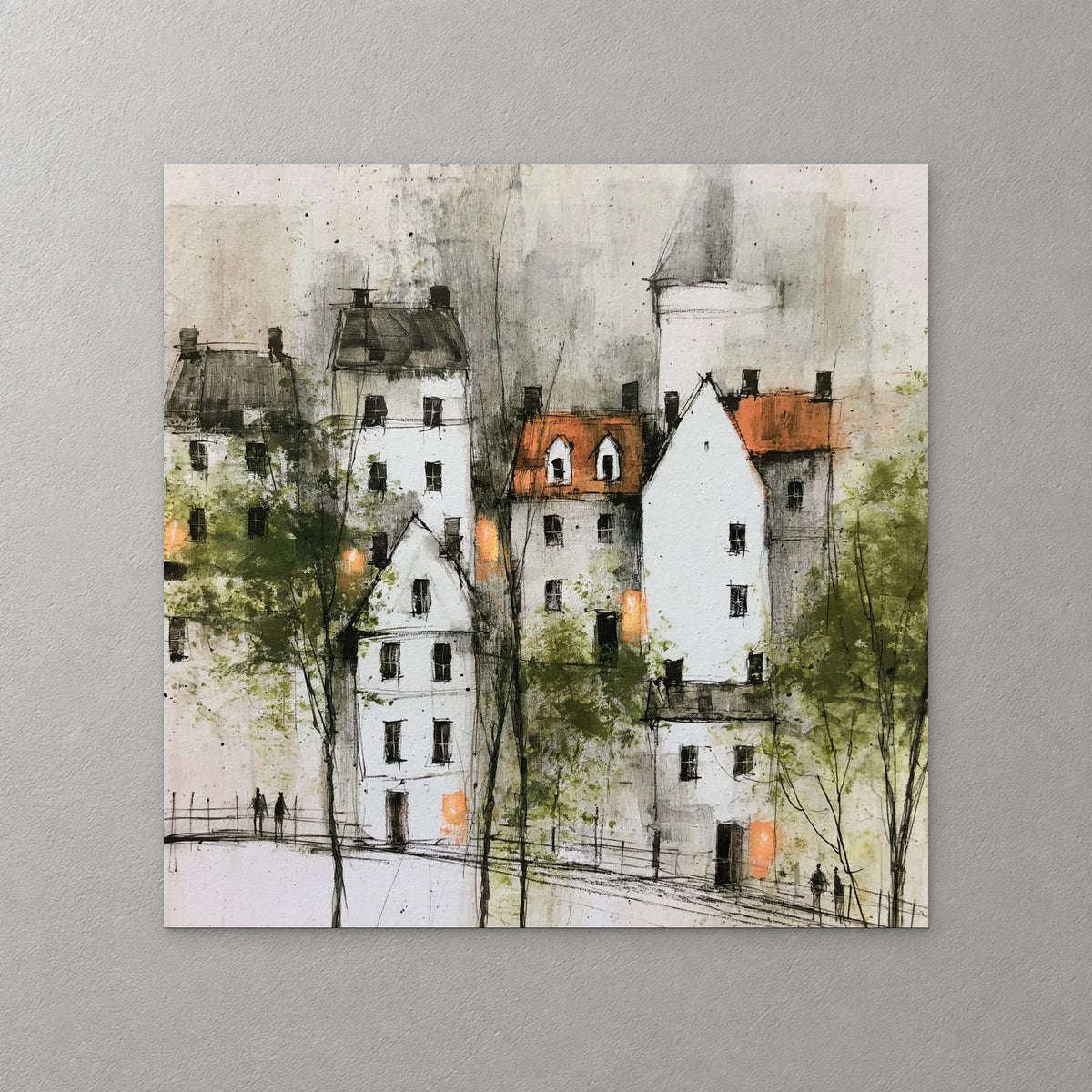 White gabled houses with orange roofs and lit windows stand among bare olive-green trees, with two small figures on the path below — canvas wall art print