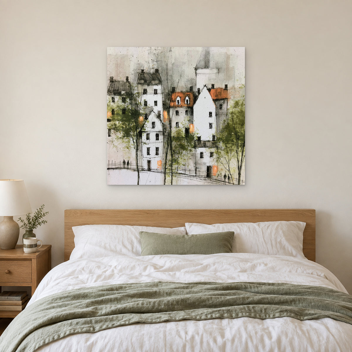 White Gables and Bare Trees canvas wall art above a bed with white linens and a sage throw