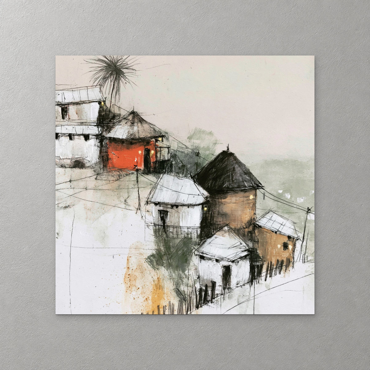 White and brown huts with thatched roofs climb a pale slope, one with a bright red wall, under a single palm drawn in fine ink — canvas wall art print