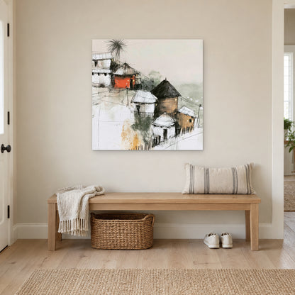 One Red Hut on the Slope canvas wall art above a wooden entryway bench with a woven basket