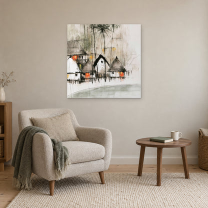 Stilt Huts and Running Ink canvas wall art above a cream armchair and round wooden side table