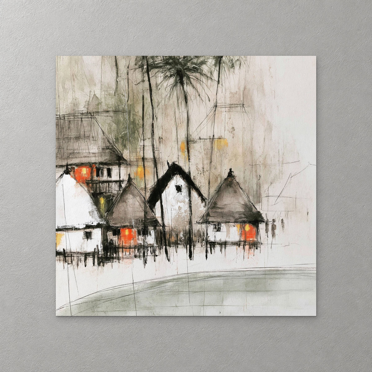 Thatched stilt huts with red doors sit by pale water under tall palms, with long ink drips running down through the sky — canvas wall art print
