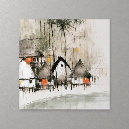 Thatched stilt huts with red doors sit by pale water under tall palms, with long ink drips running down through the sky — canvas wall art print