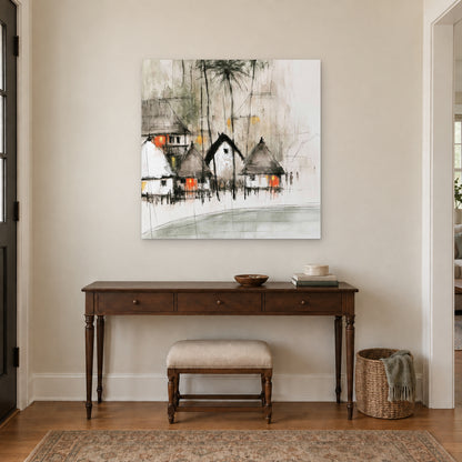 Stilt Huts and Running Ink canvas wall art above a dark wood console table and upholstered bench in an entryway