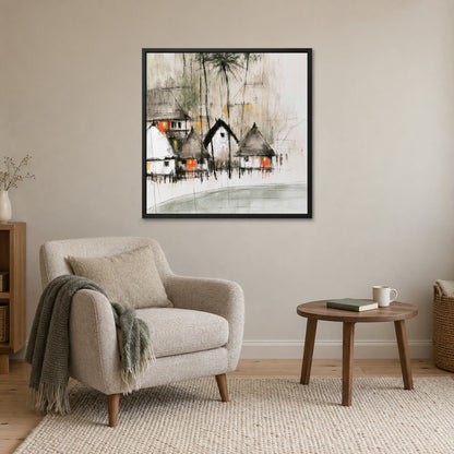 Stilt Huts and Running Ink framed canvas in a black floating frame above a cream armchair and round wooden side table