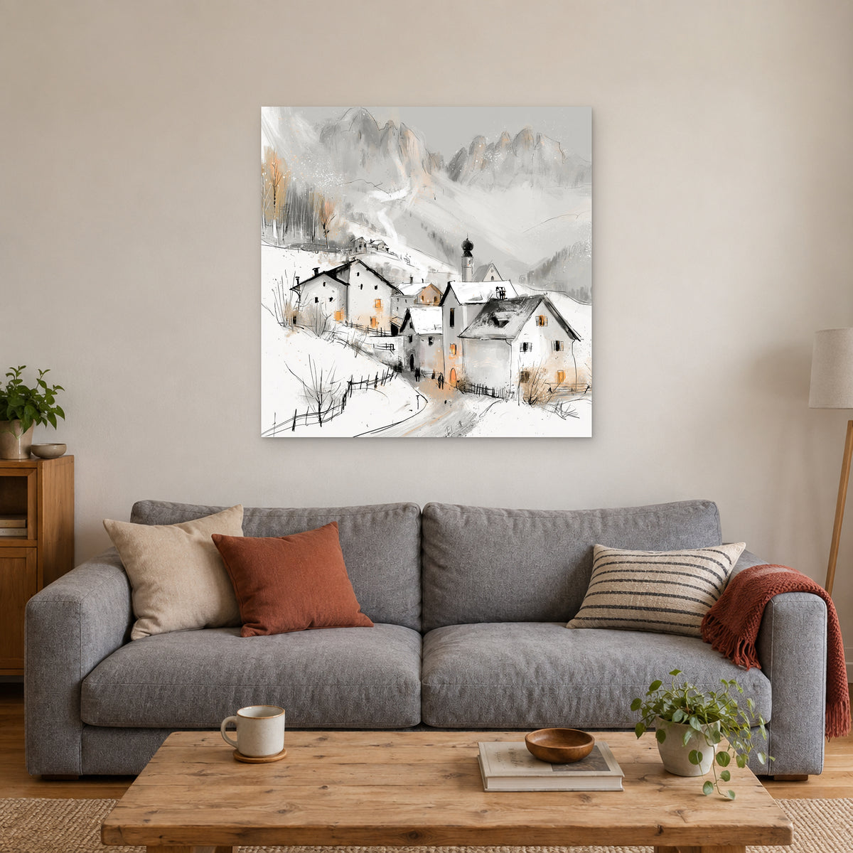 Dolomites Onion Dome Chalets canvas wall art above a grey sofa with rust and striped cushions
