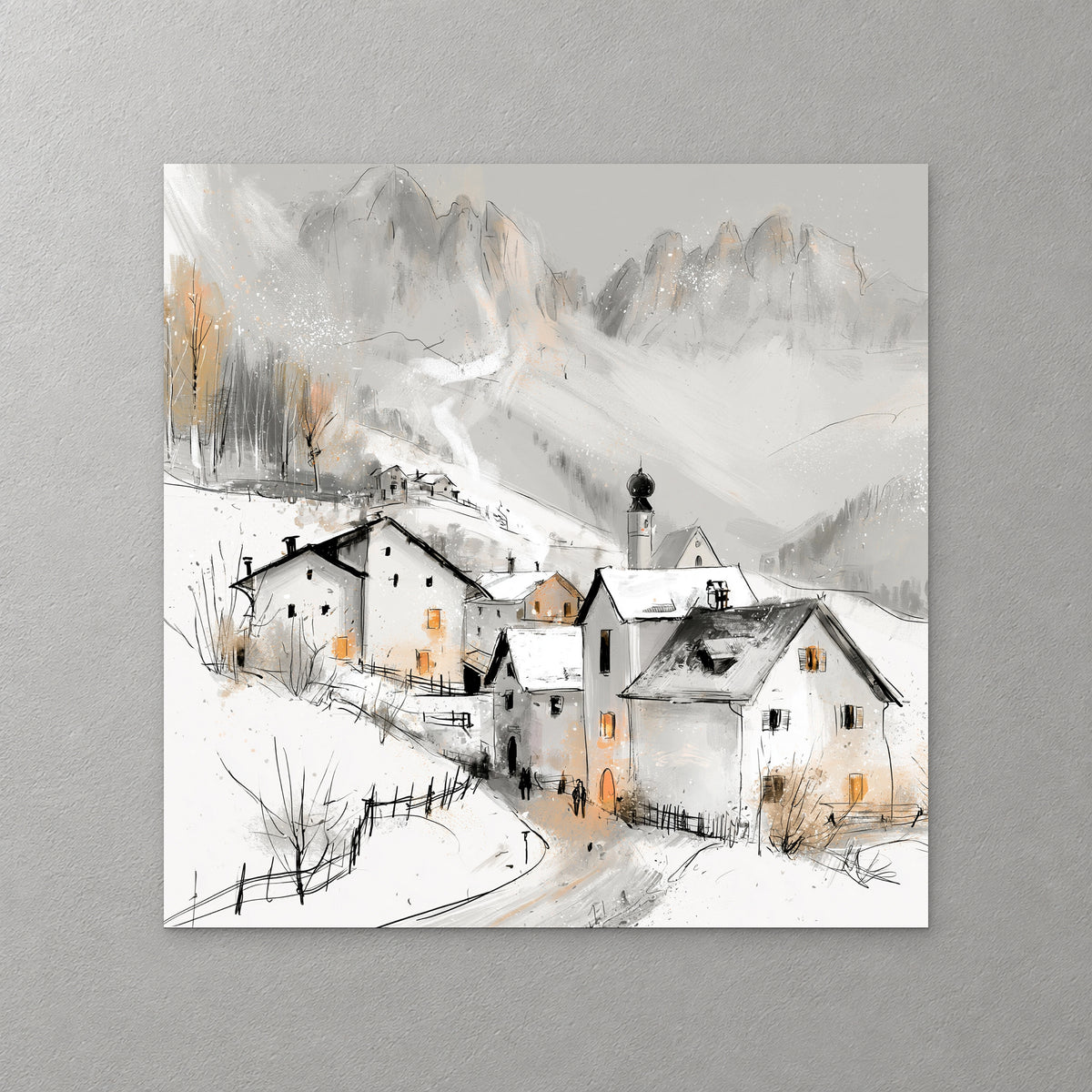 Snow-covered chalets and a church with an onion dome sit below the jagged grey Dolomites, with a fence line in the snow below — canvas wall art print