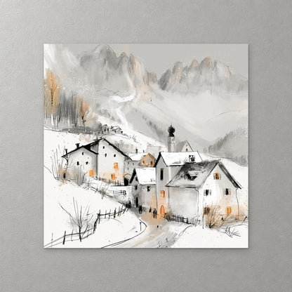 Snow-covered chalets and a church with an onion dome sit below the jagged grey Dolomites, with a fence line in the snow below — canvas wall art print