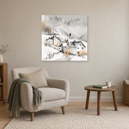 Dolomites Onion Dome Chalets canvas wall art above a cream armchair and round wooden side table