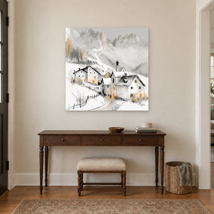 Dolomites Onion Dome Chalets canvas wall art above a dark wood console table and upholstered bench in an entryway