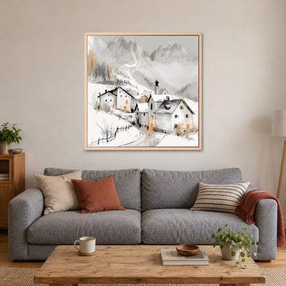 Dolomites Onion Dome Chalets framed canvas in a natural wood floating frame above a grey sofa with rust and striped cushions