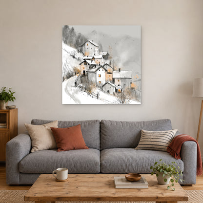 Dolomites Road and Lake canvas wall art above a grey sofa with rust and striped cushions