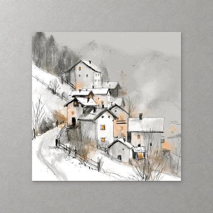 A small alpine village with lit windows sits on a snowy slope beside a winding road, with bare trees and misty grey mountains behind — canvas wall art print