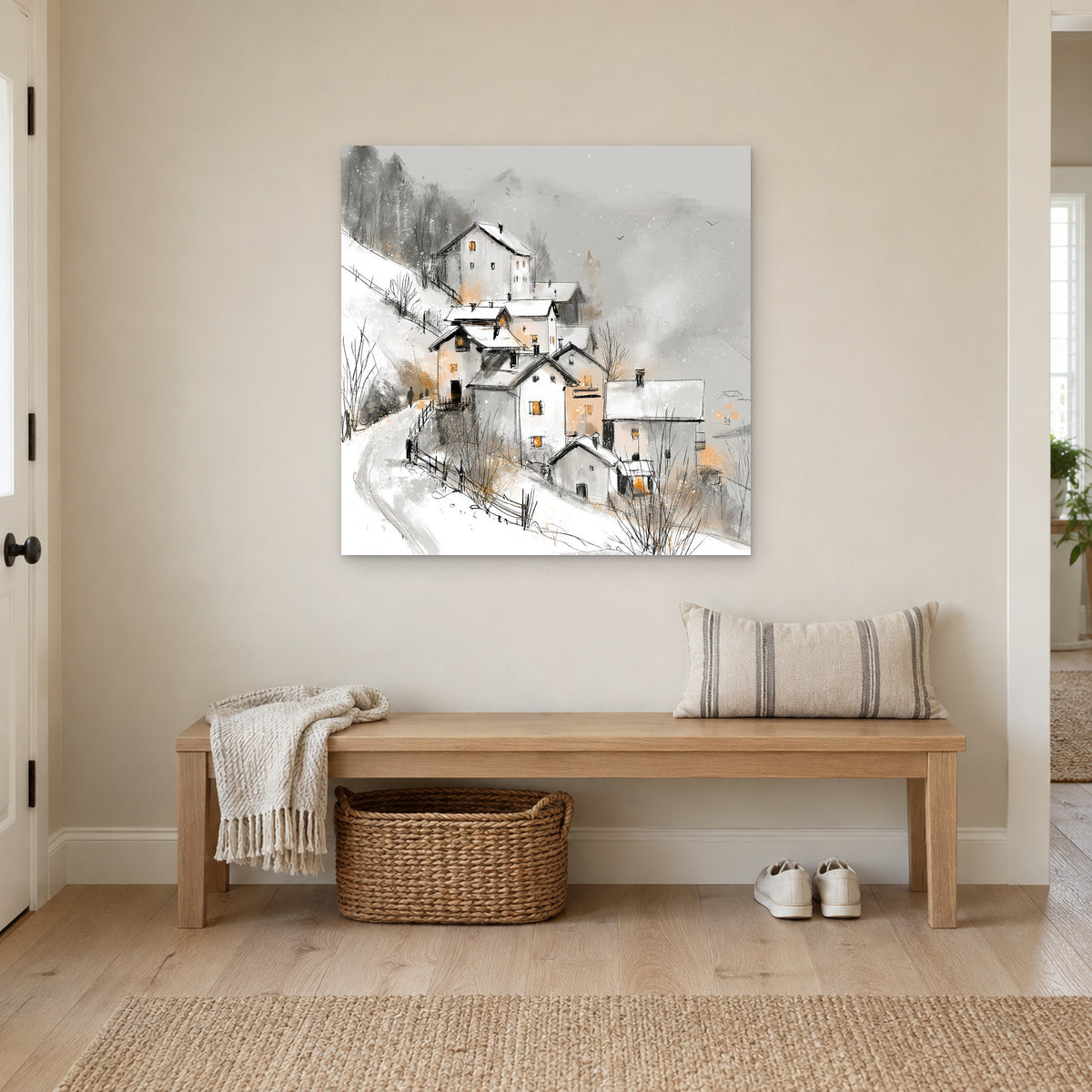 Dolomites Road and Lake canvas wall art above a wooden entryway bench with a woven basket