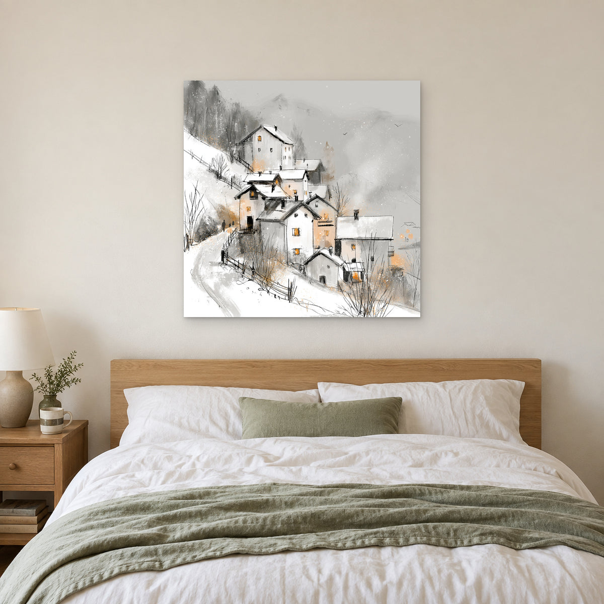 Dolomites Road and Lake canvas wall art above a bed with white linens and a sage throw