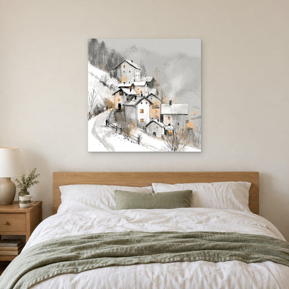 Dolomites Road and Lake canvas wall art above a bed with white linens and a sage throw