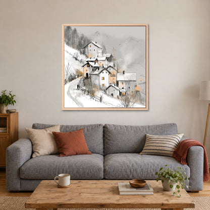 Dolomites Road and Lake framed canvas in a natural wood floating frame above a grey sofa with rust and striped cushions