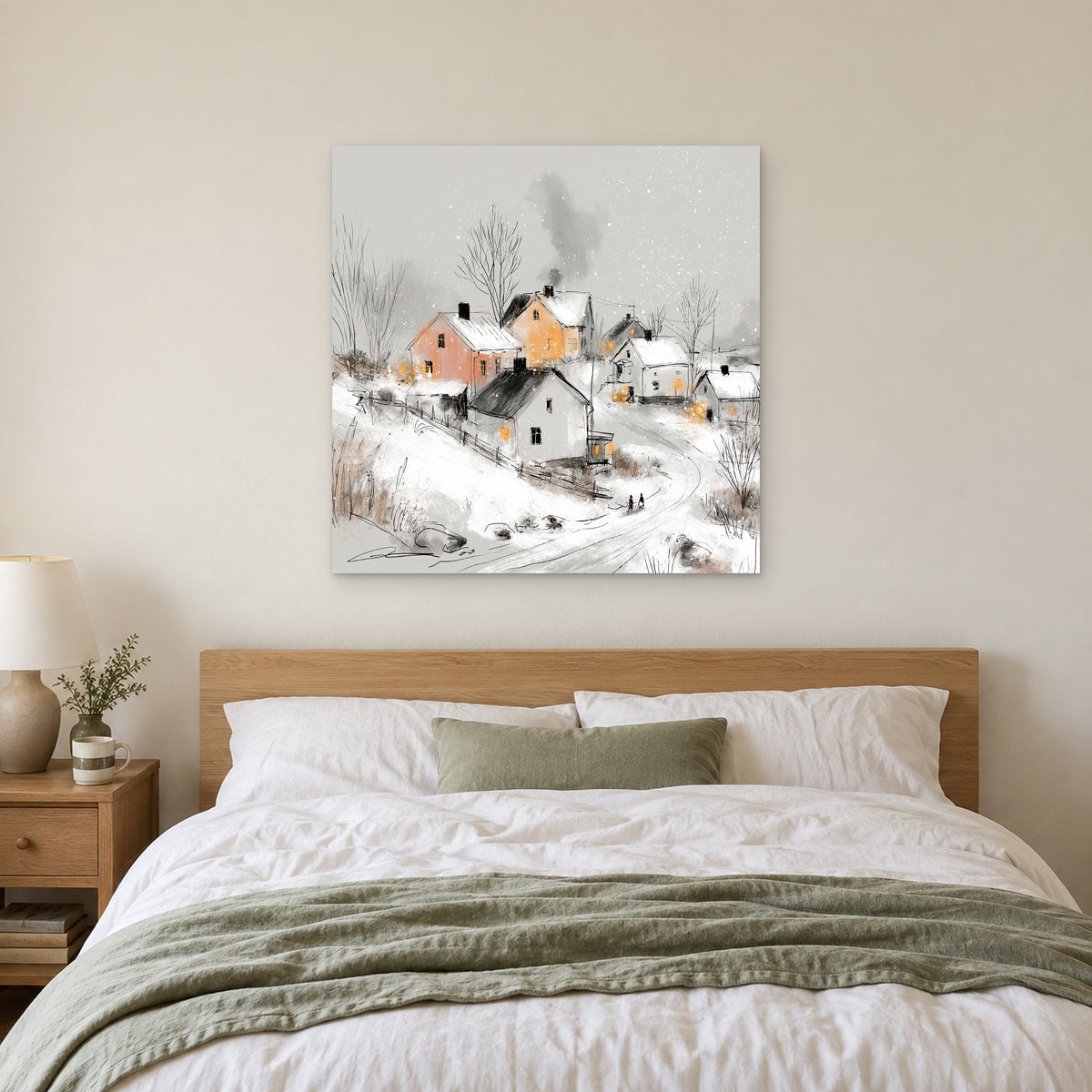 Walking Home at Dusk canvas wall art above a bed with white linens and a sage throw