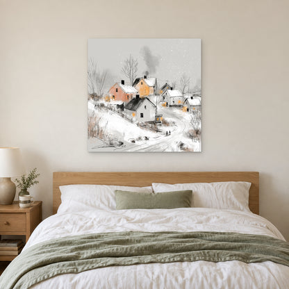 Walking Home at Dusk canvas wall art above a bed with white linens and a sage throw