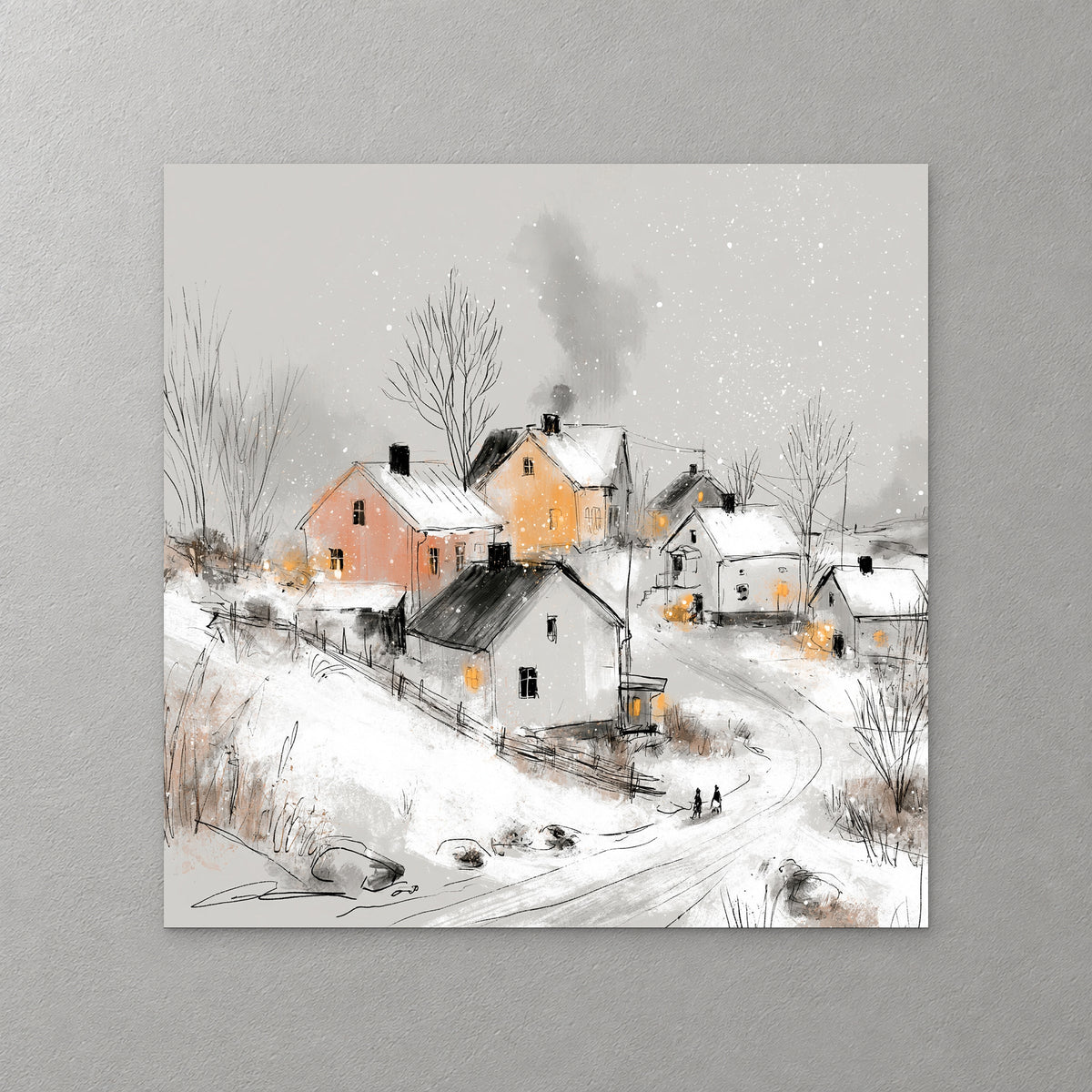Pink, ochre and grey houses with lit windows sit in the snow as two small figures walk home along a curving lane at dusk — canvas wall art print