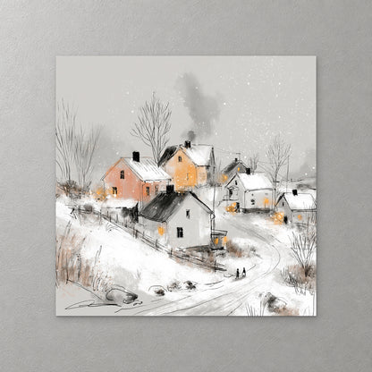 Pink, ochre and grey houses with lit windows sit in the snow as two small figures walk home along a curving lane at dusk — canvas wall art print