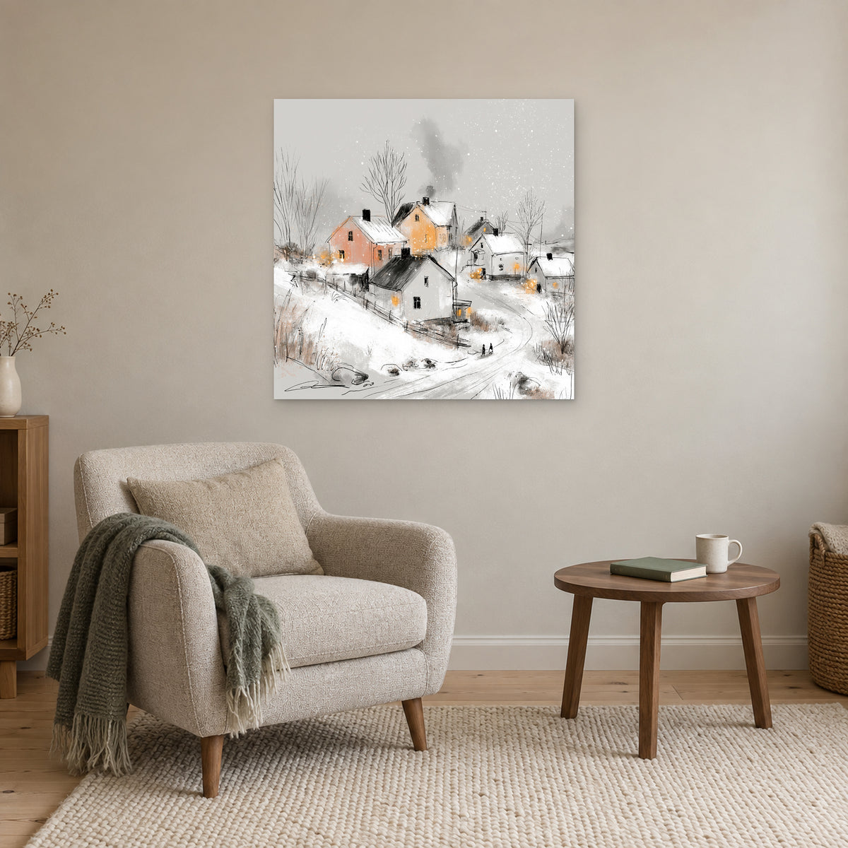Walking Home at Dusk canvas wall art above a cream armchair and round wooden side table