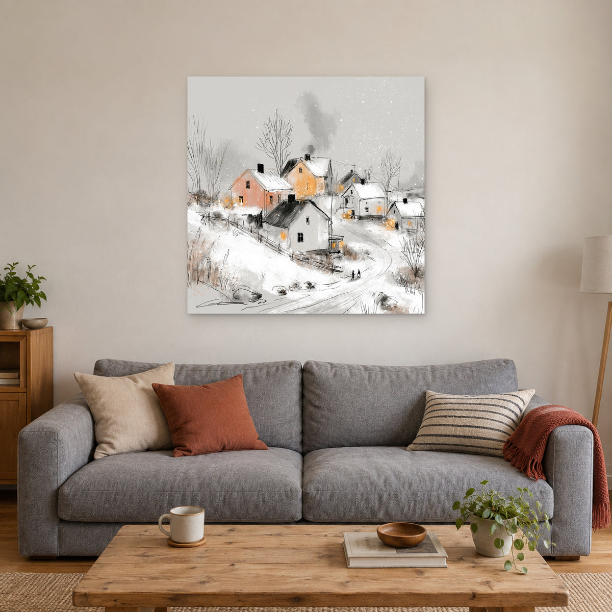 Walking Home at Dusk canvas wall art above a grey sofa with rust and striped cushions