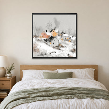 Walking Home at Dusk framed canvas in a black floating frame above a bed with white linens and a sage throw