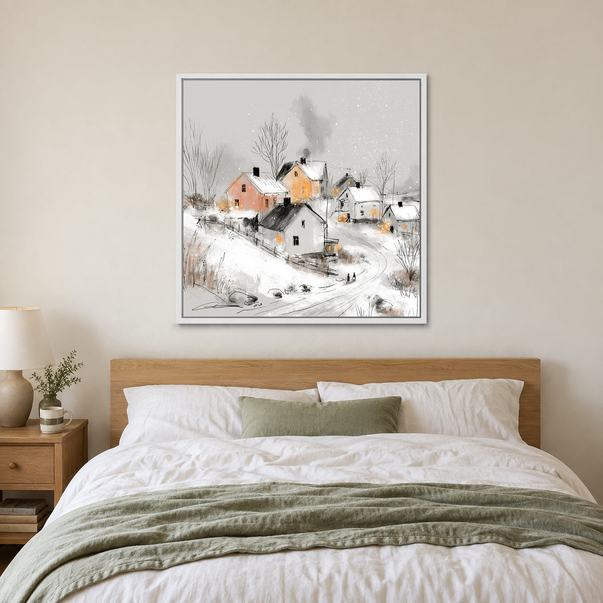 Walking Home at Dusk framed canvas in a white floating frame above a bed with white linens and a sage throw