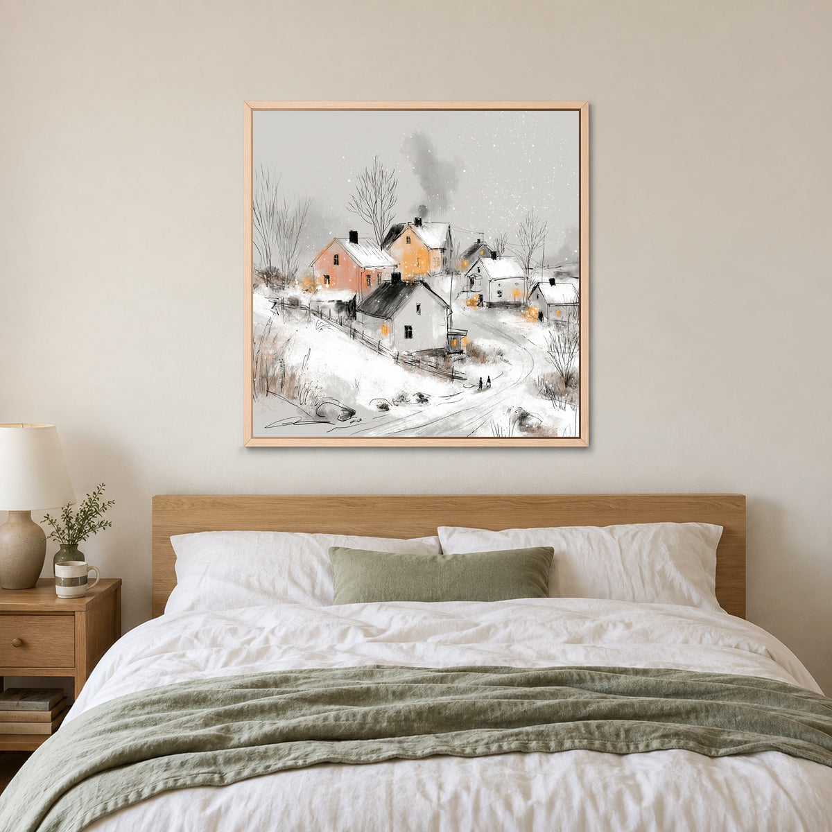 Walking Home at Dusk framed canvas in a natural wood floating frame above a bed with white linens and a sage throw