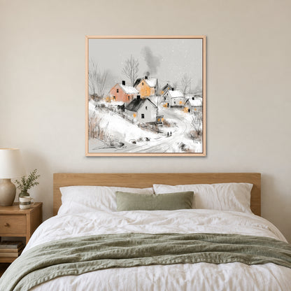 Walking Home at Dusk framed canvas in a natural wood floating frame above a bed with white linens and a sage throw