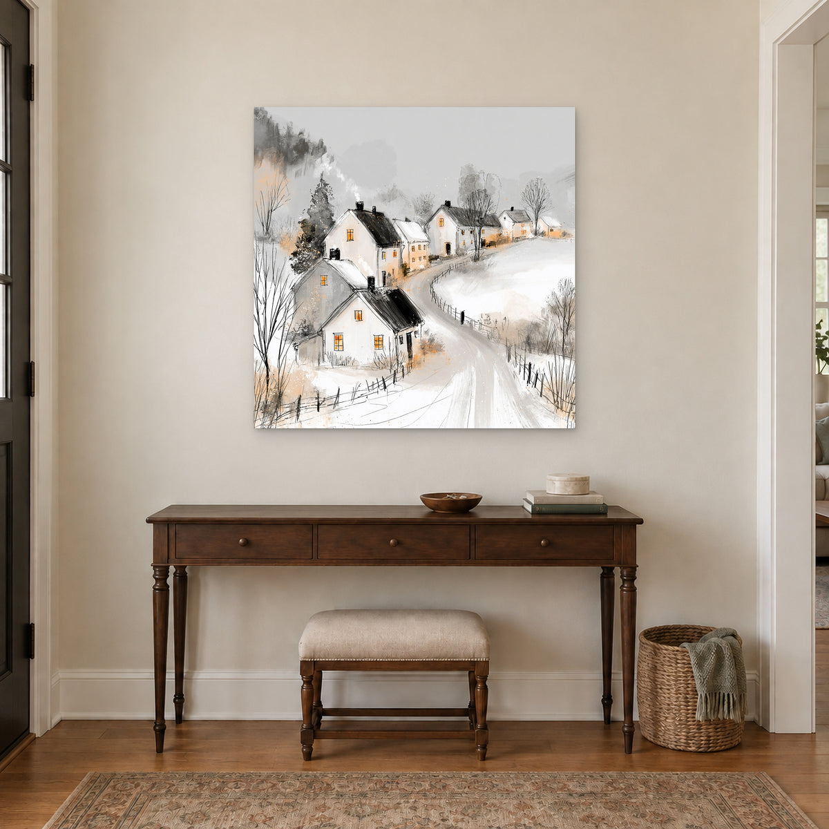 The Lane Home in Winter canvas wall art above a dark wood console table and upholstered bench in an entryway