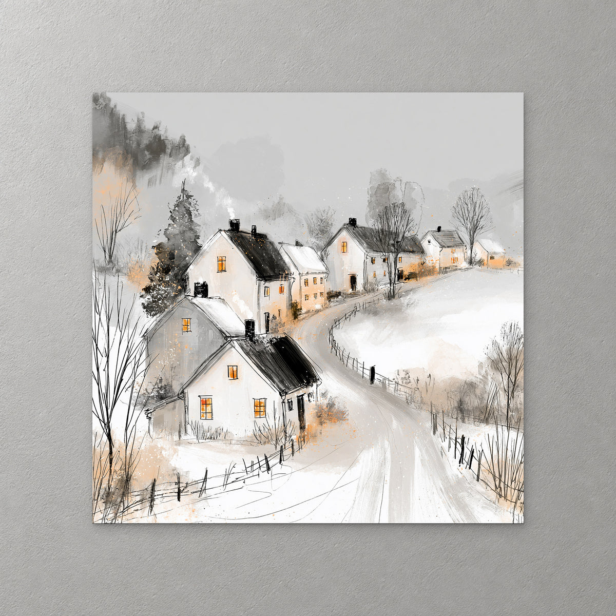 White cottages with dark roofs and glowing windows line a snowy lane that curves uphill past bare trees and a fence — canvas wall art print
