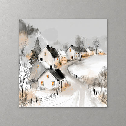 White cottages with dark roofs and glowing windows line a snowy lane that curves uphill past bare trees and a fence — canvas wall art print