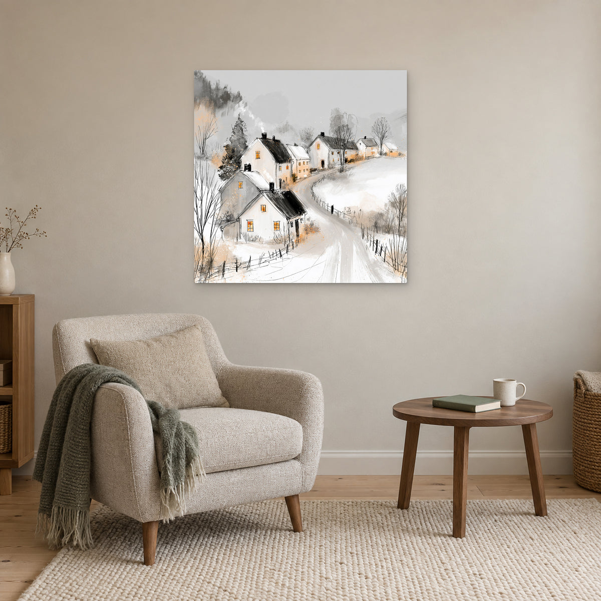 The Lane Home in Winter canvas wall art above a cream armchair and round wooden side table