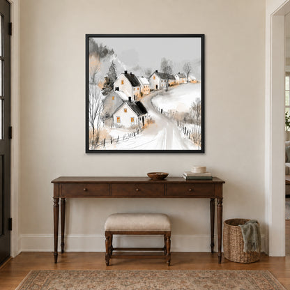 The Lane Home in Winter framed canvas in a black floating frame above a dark wood console table and upholstered bench