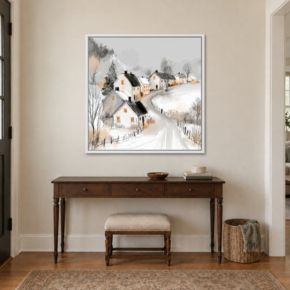 The Lane Home in Winter framed canvas in a white floating frame above a dark wood console table and upholstered bench