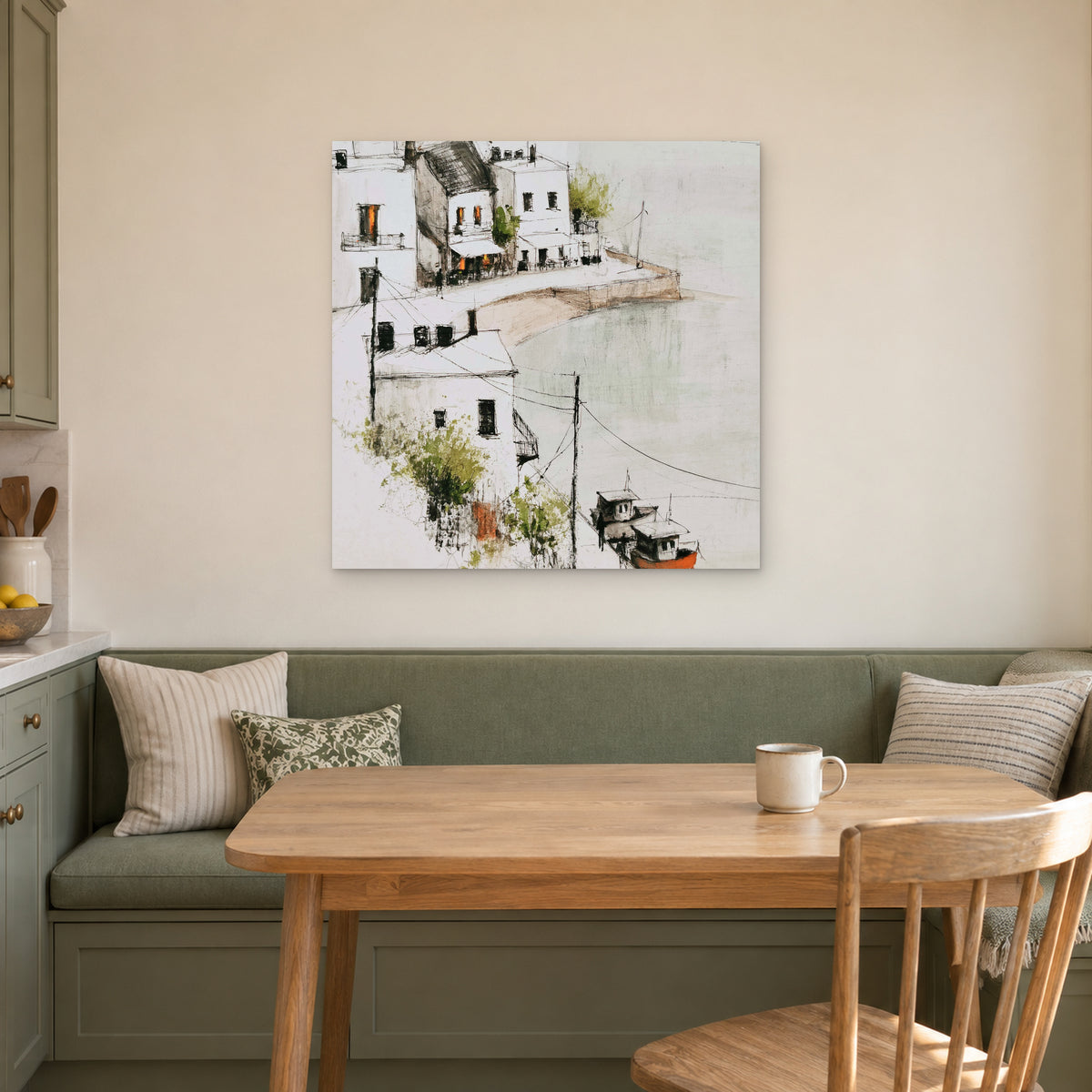 Harbour Cafe Two Boats canvas wall art above a green banquette and wooden table in a breakfast nook