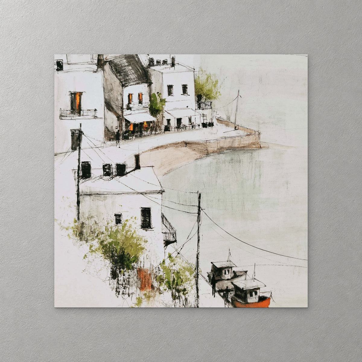 White harbour houses sit above a curved quay and calm sage water, with a small café, power lines and a red boat at the lower right — canvas wall art print