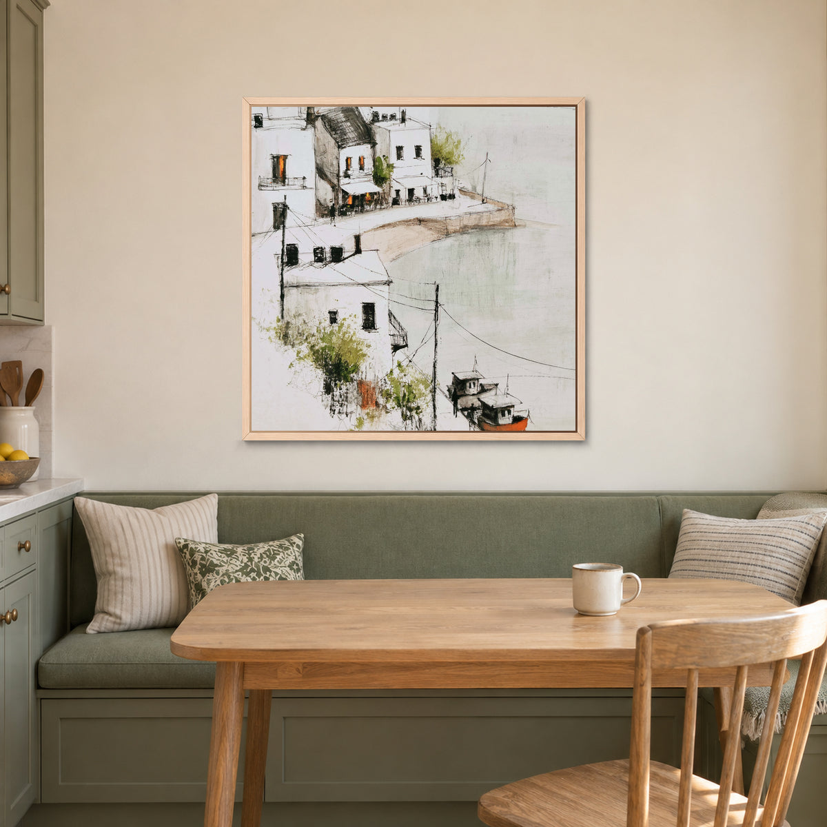 Harbour Cafe Two Boats framed canvas in a natural wood floating frame above a green banquette and wooden table in a breakfast nook