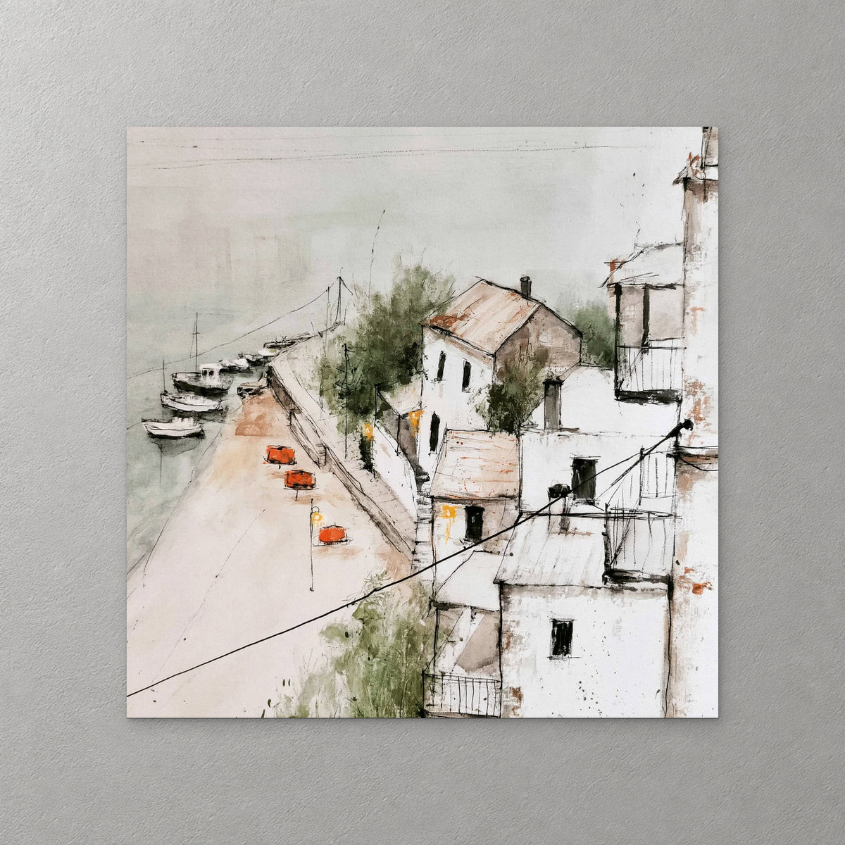 White houses with terracotta roofs step down to a quay with orange parasols and small moored boats, drawn in ink with soft sage wash — canvas wall art print